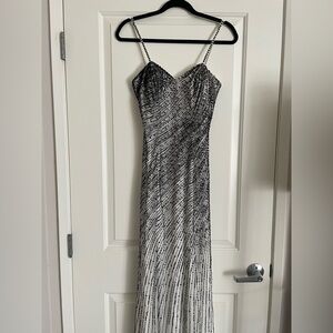 Terani Couture Black and White Strapless Gown fully beaded swirl thinning‎